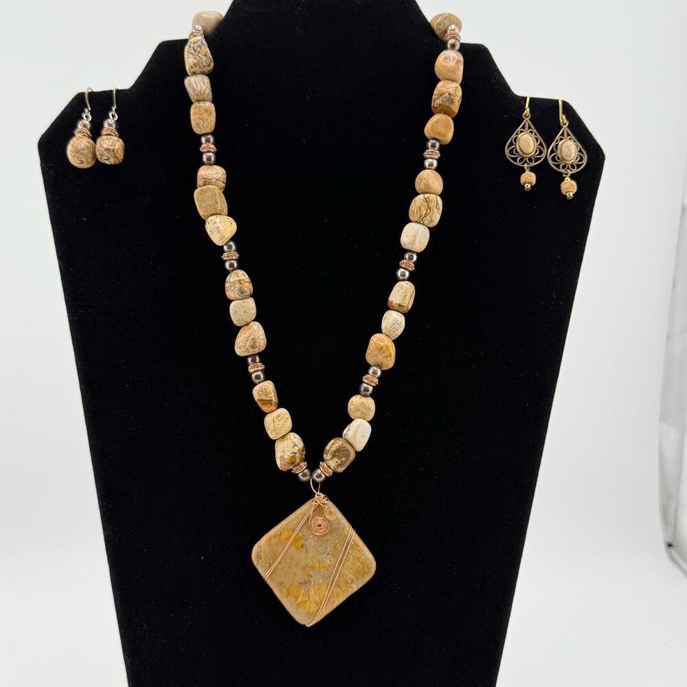 Natural Stone Jasper Necklace & Earrings Set with Pendant, Earth Tone Jewelry